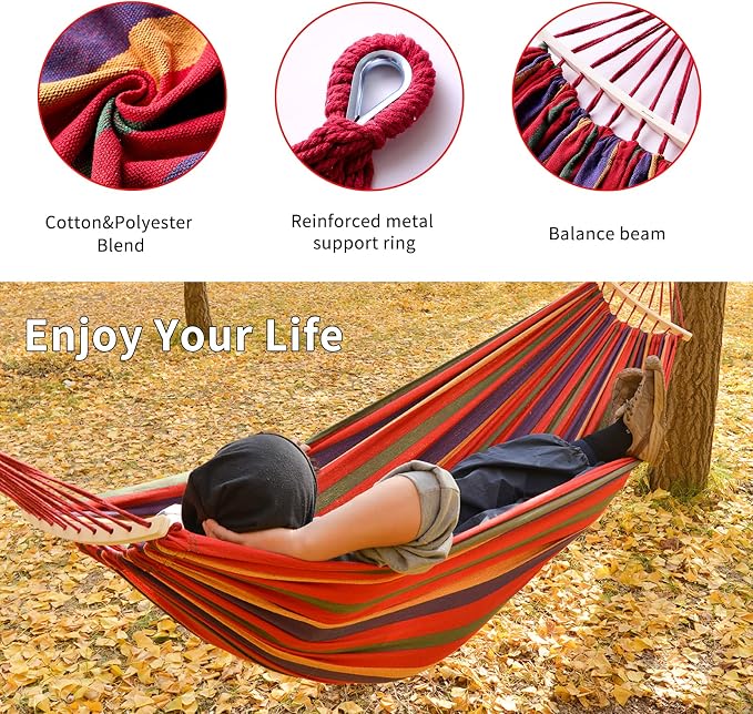 Hammock, Cotton Canvas Hammock Portable Camping Hammock with Carrying Bag Two Anti Roll Balance Beam Metal Carabiner Ropes and Tree StrapsSuit for Indoor,Yard,Camping,Outdoor-Rainbow - Image 3