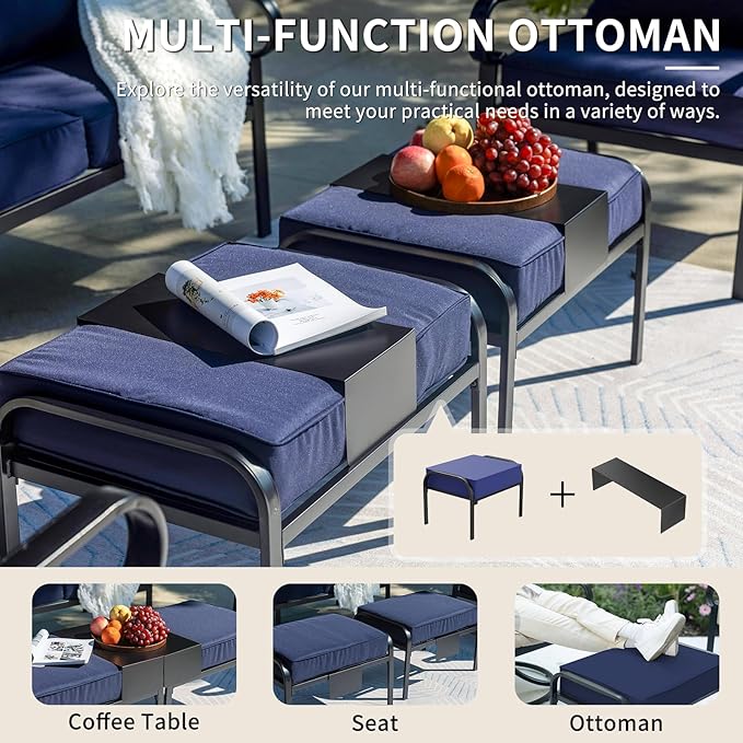 5 Piece Patio Furniture Set, Metal Patio Conversation Set with 1x3 Seater Sofa & 2xFixed Chairs & 2xOttomans, 5.75'' Extra Thick Cushion for Lawn Garden Backyard, Navy Blue
