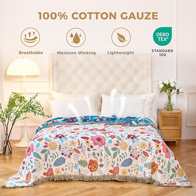 LUTBM Boho Throw Blanket for Bed Cotton Spring Blankets Twin Size for Bedroom Living Room All Season Lightweight Floral Embroidery Quilt for Couch Sofa Chair 60"x80"