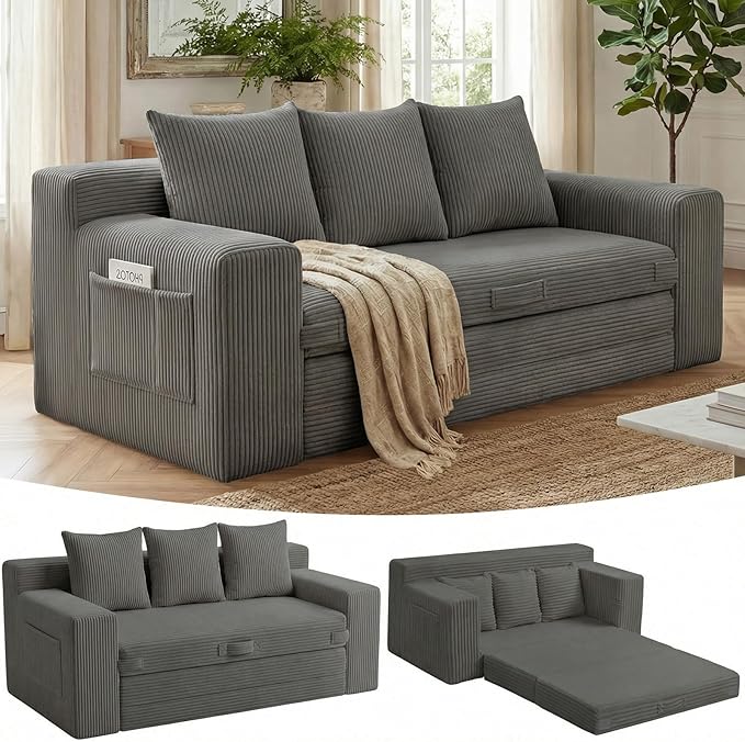 Boneless Couch Sleeper Sofa Bed: 3-in-1 Convertible Sofa Bed with Side Pockets & Handle,Pull Out Couch with 3 Pillows,Folding Futon for Small Space,Living Room & Bedroom