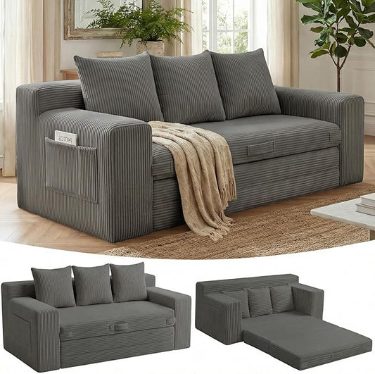 Boneless Couch Sleeper Sofa Bed: 3-in-1 Convertible Sofa Bed with Side Pockets & Handle,Pull Out Couch with 3 Pillows,Folding Futon for Small Space,Living Room & Bedroom
