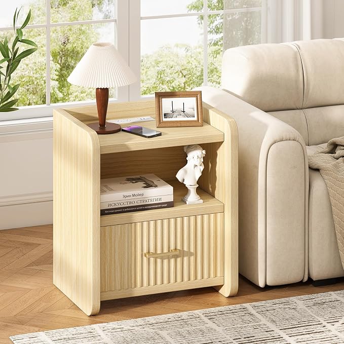 Night Stand with Charger Station, Fluted Wood Nightstand with Drawer Storage, Modern Bedside Table, Wide Nightstands for Bedroom, Mid Century Wooden Night Stands for Home Office Sofa Couch - Image 5