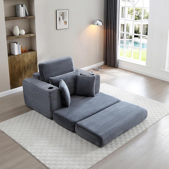Eafurn 52.4" Oversized Chaise Lounge Indoor with Foldable Ottoman Convertible Boneless Sleeper Sofa Bed, Deep Seat Lounge Chair with Cup Holder & Side Pocket, No Assembly for Living Room | Breathable material, Cupholders
