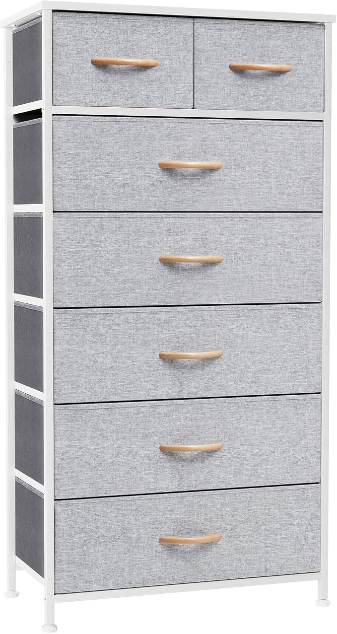 Crestlive Products Vertical Dresser Storage Tower - Sturdy Steel Frame, Wood Top, Easy Pull Fabric Bins, Wood Handles - Organizer Unit for Bedroom, Hallway, Entryway, Closets - 7 Drawers (Light Gray) by CrestliveProducts