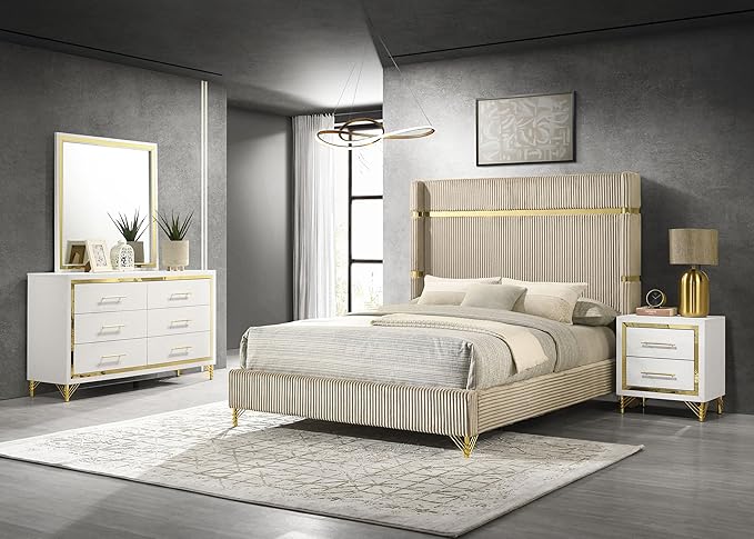 Coaster Home Furnishings Lucia Modern Classic 4-Piece Bedroom Set Velvet Upholstered Eastern King Size Wingback Bed Frame 61-inch Headboard Beige and White 224731KE-S4
