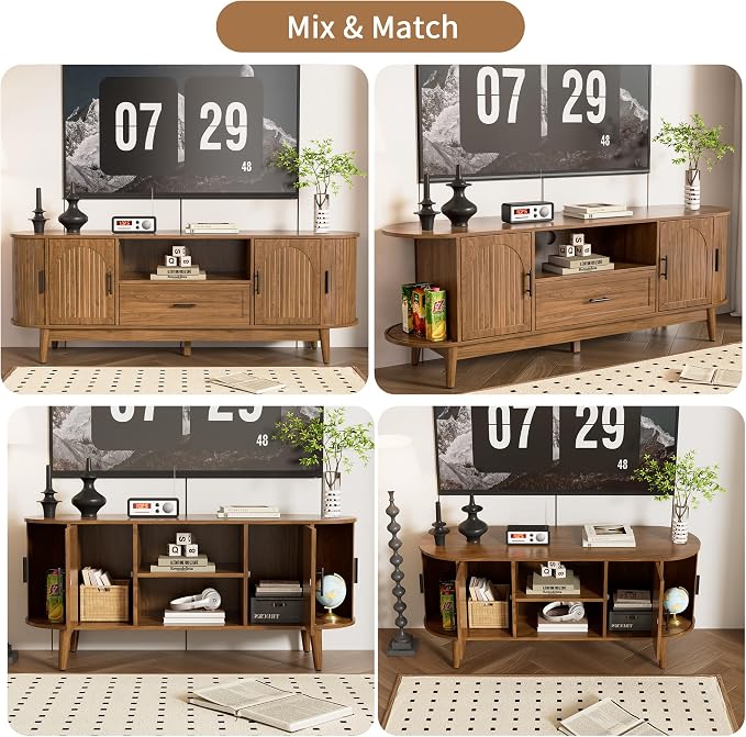 Mxtxmy 63" Fluted TV Stand for Tvs up to 70", Mid-Century Modern Entertainment Center with Drawers and Fluted Doors, Curved TV Media Console Table with Sliding Doors for Living Room, Bedroom (63") - Image 7
