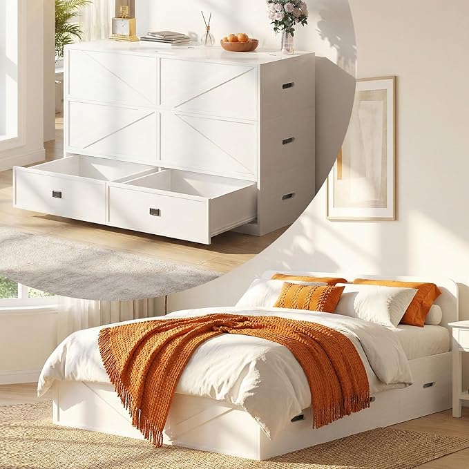 CECER Full Size Murphy Bed with Mattress Include，Murphy Bed Full with Storage Drawers，Multi-Functional Desgin that Converts to Sofa Set for Small Spaces/Guest Room/Bedroom（White）