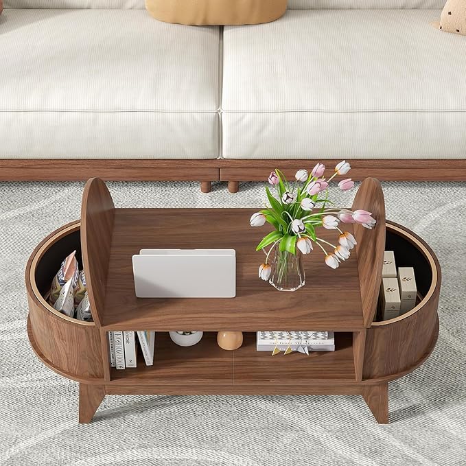 46.45'' Oval Coffee Tables for Living Room, Mid Century Modern Coffee Table with Storage, Wood Fluted Accent Center Table with Flip-Top Lids for Home,Office(Walnut)