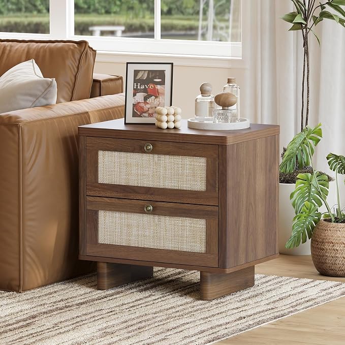 LAZZO Nightstands Set of 2 Large Night Stands 23.6" Wide Bedside Table Set of 2 with 2 Rattan Drawers and Bronze Ring Handles for Bedroom Walnut - Image 2