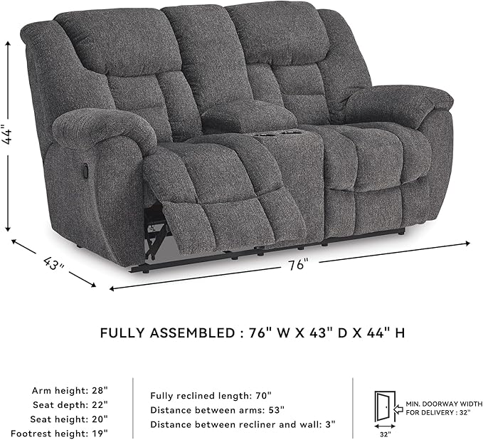 Signature Design by Ashley Foreside Contemporary Stain Resistant Manual Double Reclining Loveseat with Console, Storage and Cup Holders, Gray