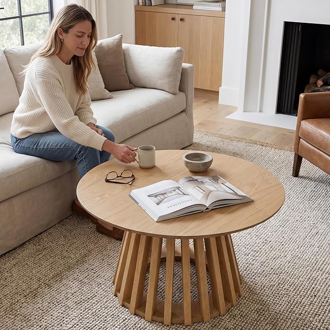 DUOMAY Modern Round Coffee Table with Unique Geometric Base, Sleek White Wood Accent Table for Living Room Office Lounge, Natural Wood Color