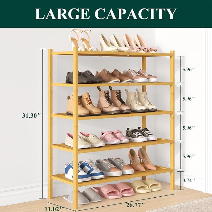 Smiry Bamboo Shoe Rack, 5 Tier Shoe Organizer for Entryway & Closet, Stackable Free Standing Storage Shelf for Shoes, Bags & Plants, Natural - Image 2