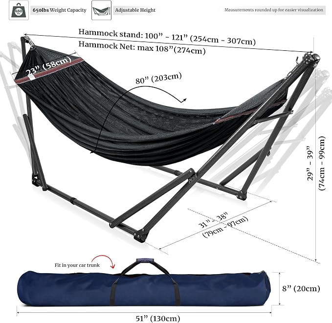 Tranquillo Universal Hammock Stand 600 lbs Capacity, Instant 20s Foldable, 3-Year Warranty Hammock with Stand, 2 Person Camping Revolutionary Portable No Screws, Premium Hammocks, Black - Image 6