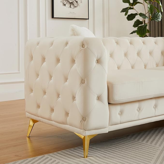 KEIKI 83" Luxury Oversized Velvet Chesterfield Sofa with 2 Pillows, Mid-Century Style 3-Seater Tufted Buttons Couch with High-Density Foam Cushions, Easy Assembly, for Apartment, Living Room, Beige