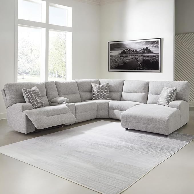 Signature Design by Ashley Acklen Place Modern U-Shaped Modular Stain-Resistant 6-Piece Power Reclining Sectional with Chaise, Adjustable Headrest, USB Charging Ports and Console, Light Gray