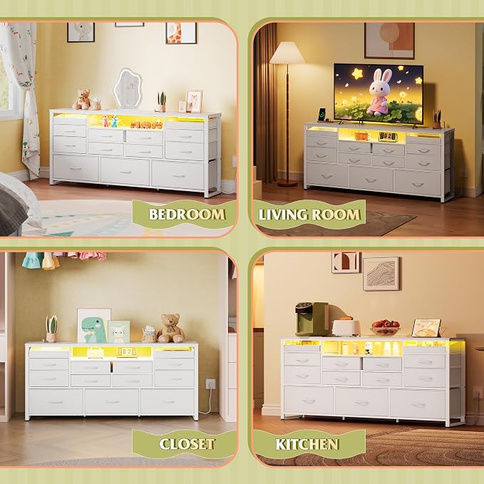 WLIVE White Dresser TV Stand for 55, 60, 65 inch TV, Entertainment Center with LED Lights & Charging Station, TV Media Console Table with 13 Fabric Drawers and Open Shelves for Living Room, Wood Top - Image 4
