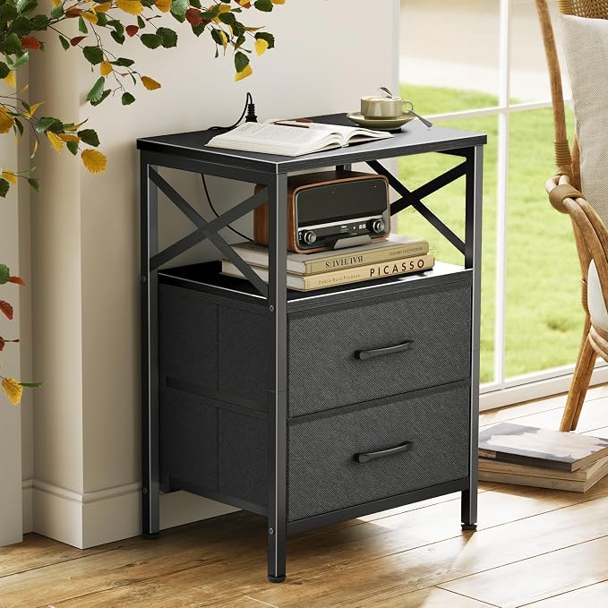 Huuger Night Stand with Charger Station, 2 Drawer Nightstand with Open Shelf, Bed Side Table with USB-C Port, End Table, Compact Size for Small Spaces, X Shaped Side Rail, Black - Image 7