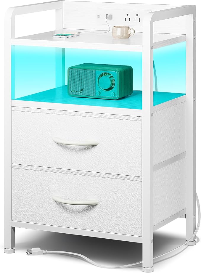 Lazzanto Night Stand Bedside Table Bedroom - White Nightstand with Charging Station & LED Light Strip, Morden Bed Side End Table with Storage Shelf & 2 Fabric Drawers, U-S-B Ports & AC Outlets by Lazzanto