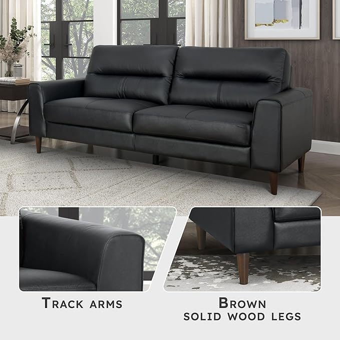 Lexicon Leather Match Couch Sofa, Modern Oversized Sofa, Solid Wood Legs, Top Grain Leather 3 Seater Couch for Living Room, Bedroom, Office, Apartment, Waiting Room, Black