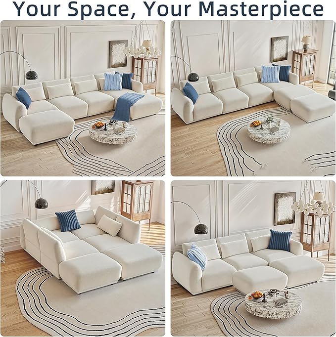 Sectional Sofa Couch, Modern U Shaped Sectional Couch with Ottoman, Modular Sectional Sofa Cloud Couches for Living Room (Beige, 4 Set + 2 Ottoman)