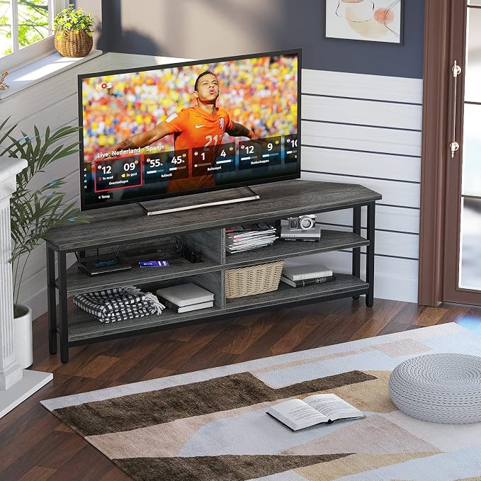 Unikito Corner TV Stand with Power Outlet, Corner Entertainment Center Media TV Console Table with 4 Open Storage Cabinet Shelve Wood TV Stand for Living Room for 55 inch TV, Gray Oak - Image 3