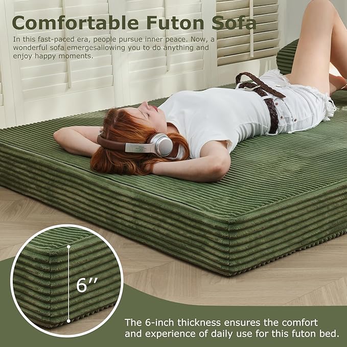 6-inch Folding Mattress Sofa Bed，Convertible Floor Bed & Sleeping Couch with Removable Corduroy Cover & Carry Handles, High-Density Foam (Green, Queen)