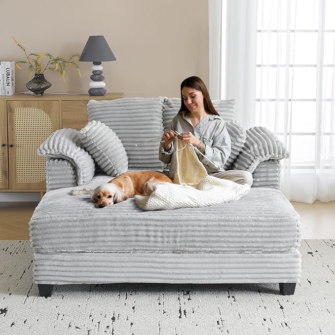 VINGLI Lounge Chair, 56" Oversized Reading Chair Corduroy Chaise Sofa Recliner Bed Upholstered Comfy Sleeper Couch with Throw Pillows and Armrests for Living Room, Movie Room, Bedroom