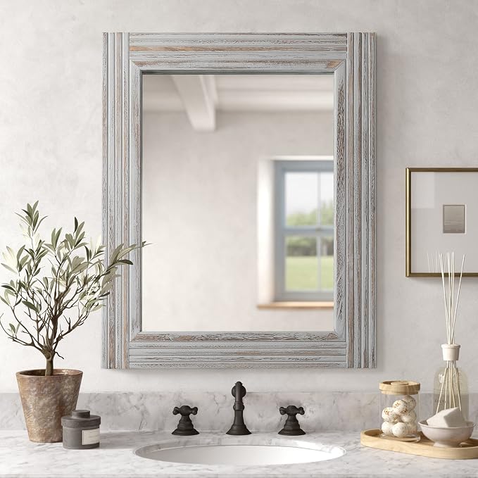 YOSHOOT Hand-Made Wooden Spliced Wall Mirror for Bathroom, Rustic Farmhouse Vanity Mirror, Décor Wall Art, Solid Wood Frame, Vertical or Horizontal Hanging by YOSHOOT