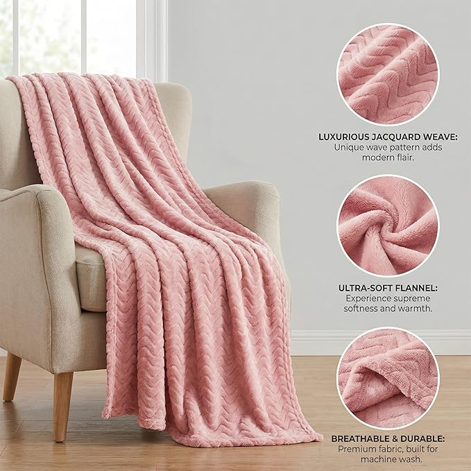 Exclusivo Mezcla Fleece Throw Blanket for Couch, Cozy Lightweight Blankets for All Season, Decorative Giftable Fuzzy Plush Wave Textured Throws for Women, Men, Pink, 50x70 Inches