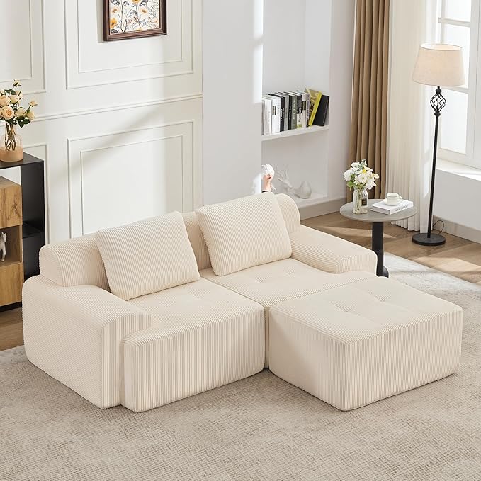 KIGOTY Modular Sectional Sofa, 3 PCS Comfy Cloud Sectional Couch with Deep Seat, L-Shaped Corner Sofas with Ottoman, Modern Boneless Couch for Living Room, No Assembly Required,White