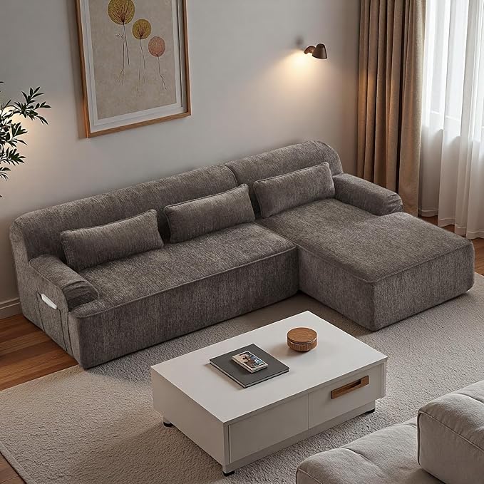 L-Shaped Sectional Sofa, Luxury Upholstered Chenille 3-Seater Sofa with Right Chaise Lounge & 3 Lumbar Pillows, Modern Comfy Oversized Couch with Side Pocket for Living Room, Apartment, Brown