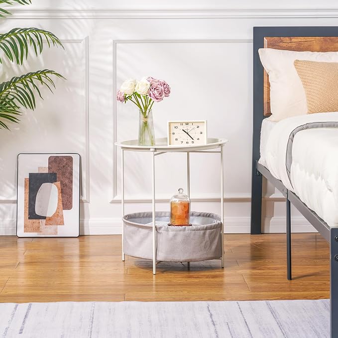 VECELO Round Side/End Table with Fabric Storage Basket，Metal Anti-Rust and Waterproof Small Bedside Nightstand with Removable Tray Top for Living Room，Balcony & Laundry，Beige/1pcs with Basket - Image 7