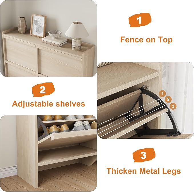 GarveeHome Shoe Cabinet with 4 Flip Drawers, Wooden Shoe Organizer Cabinet with Adjustable Shelf, Shoe Storage for Entryway, Hidden Shoe Cabinet for Hallway, Living Room, Natural Oak - Image 5