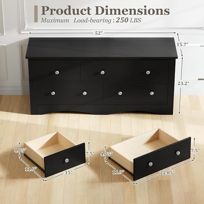 Furmax Dresser for Bedroom, 5 Wood Dresser, Chest of Drawers, for TV up to 65 inch, TV Stand Storage Chest of Drawers for Hallway Entryway (Black) - Image 3