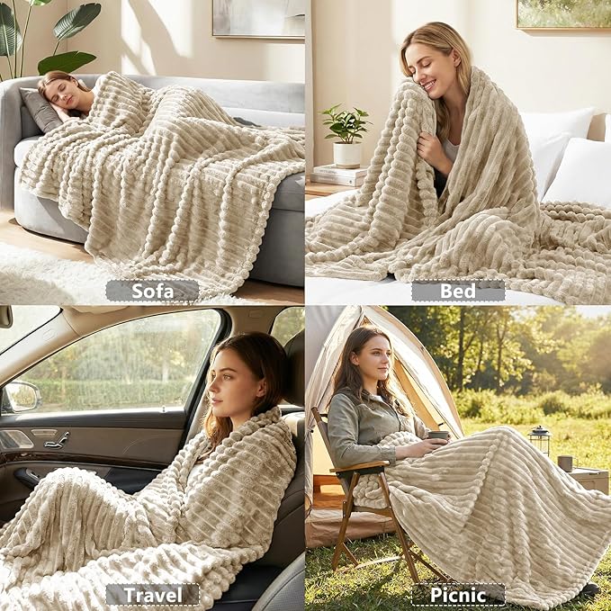 IMEET Linen Ribbed Twin Blanket for Bed - 300GSM Lightweight Soft Fleece Blanket for Men Women, Cozy Blankets Graduation Birthday Gifts, Striped Spring Home School Dorm Decor, Linen, 60x80 Inches