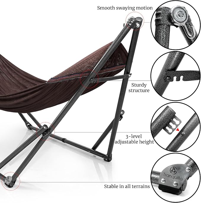 Tranquillo Universal Double Hammock with Stand Included for 2 Persons/Foldable Hammock Stand 600 lbs Capacity Portable Case - Inhouse, Outdoor, Camping, Brown - Image 8
