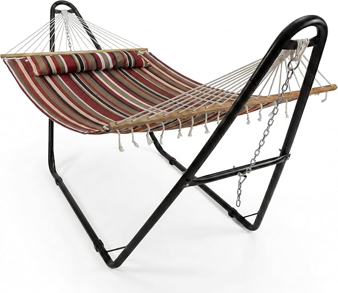 Sunnydaze Double Quilted Fabric Hammock with Universal Steel Stand - 440-Pound Capacity - Black Stand - Awning Stripe by Sunnydaze+Decor