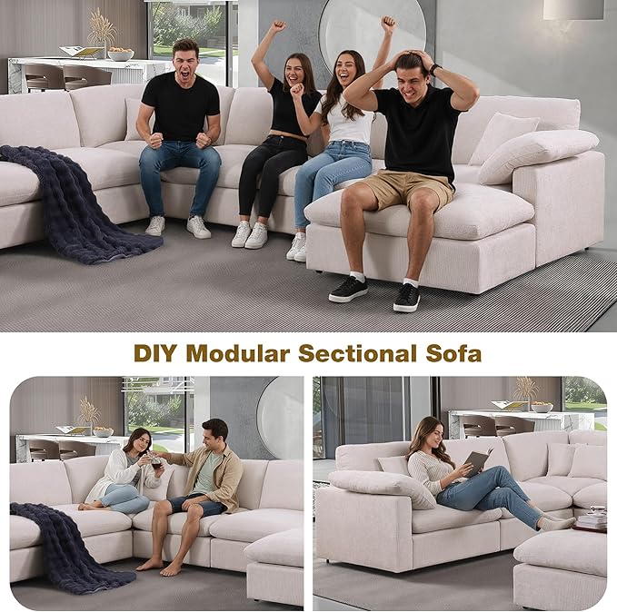 144-Inch Oversized L-Shaped Corner Sectional Cloud Sofa,Modern 7 Seat Modular Cloud Sofa Luxury Convertible Couch with 6 Pillows and Movable Ottoman for Living Room