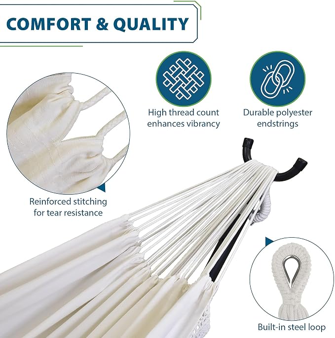 Vivere Double Cotton Hammock with Space Saving Steel Stand, Upgraded Polyester End Strings 450 lb Capacity - Premium Carry Bag Included - USA Grown Cotton (Natural) - Image 2