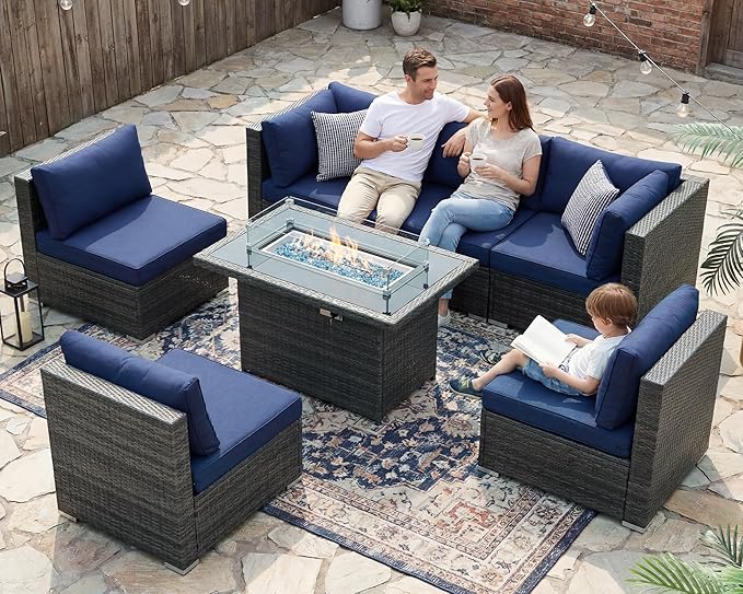 NICESOUL 29.3'' High-Back Outdoor Patio Conversation Set with Fire Pit Table Gas Propane Dual-Fuel, 7 Pcs Oversized Deep & Wide Seated Wicker Sectional Sofa Furniture Set with Firepit, Navy Blue