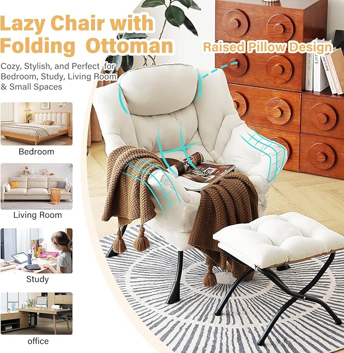 Furlide Lazy Chair with Ottoman, Modern Accent Chair with Armrests and a Side Pocket, Beige Accent Chairs, Reading Chairs, Oversized Armchairs for Bedroom, Study, Living Room, Courtyard