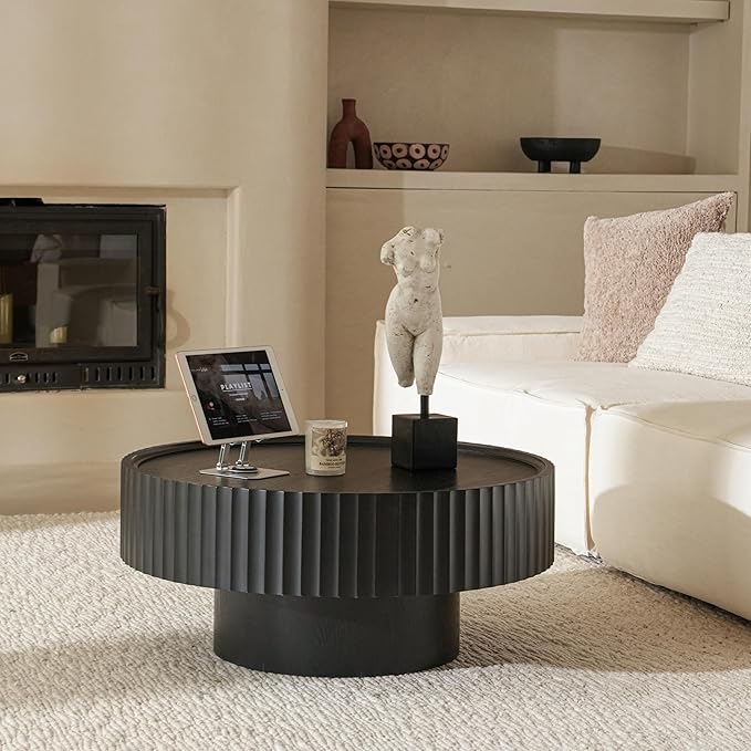 Round Coffee Table, 30.3in Modern Living Room Table, Fluted Drum Circle Tea Table with Storage, Accent Center Tables for Living Room, Apartment, Small Space(30.3''L×13.7''H) (Black)