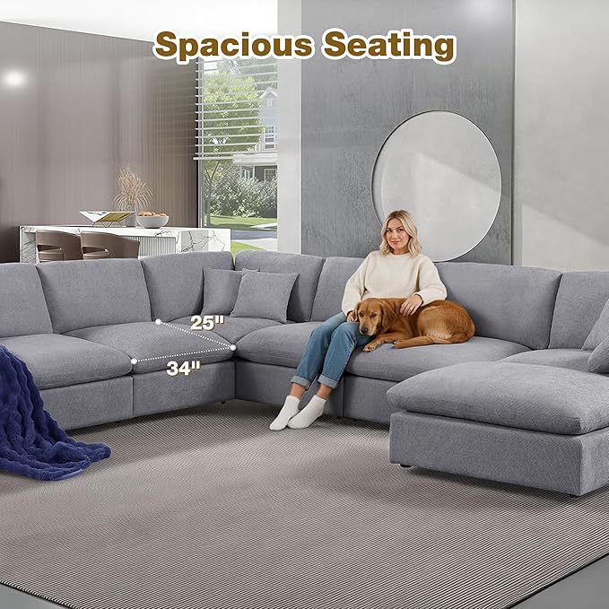 144-Inch Oversized L-Shaped Symmetrical Sectional Cloud Sofa,Modern 8 Seat Modular Cloud Sofa Luxury Convertible Couch with 6 Pillows and Movable Ottoman for Living Room