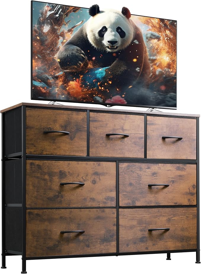 WLIVE 7 Drawer Dresser TV Stand, Entertainment Center, Media Console Table with Metal Frame and Wood Top for TV up to 45 inch, Chest of Drawers for Bedroom, Living Room, Rustic Brown Wood Grain Print by WLIVE
