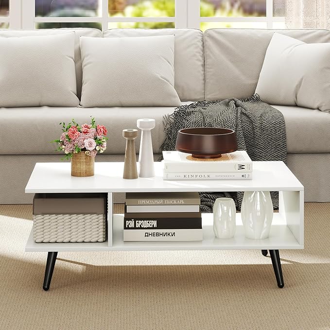 Giantex Coffee Table with Storage, Mid Century Modern Center Table for Living Room, Rectangle Tea Table with Open Storage Shelf & Floor-Anti-Scratching Tapered Metal Legs, Rustic Brown (White)