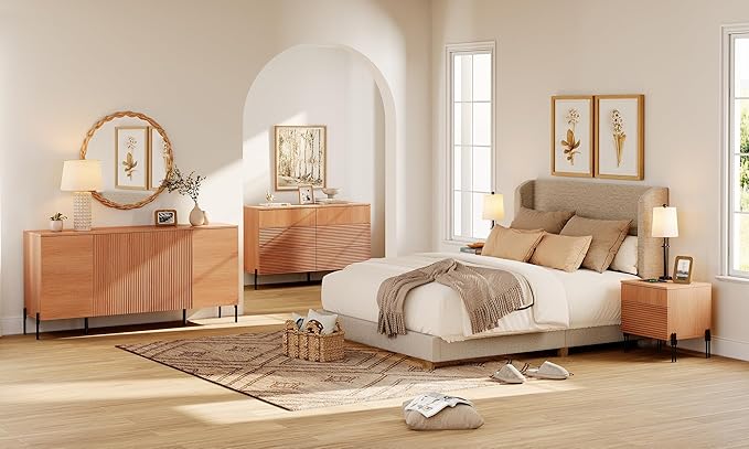 WAMPAT 2 Pieces Bedroom Set, Fluted Dresser and Nightstand Set, Wood Storage Cabinet and Nightstands with Charging Station, Wide Storage Organizer Cabinet for Bedroom, Mocha