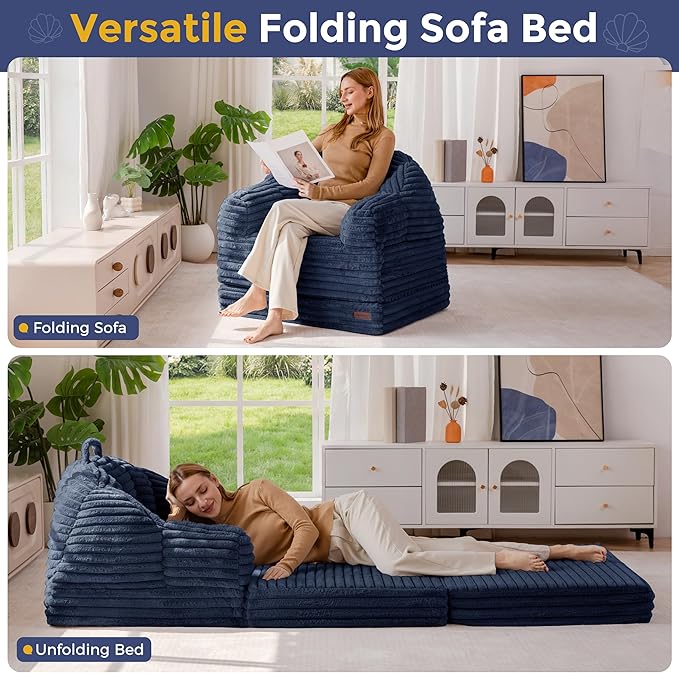 MAXYOYO Folding Sofa Bed, 2 in 1 Convertible Sofa to Lounger Comfy Faux Fur Bean Bag Chair for Adults, Floor Single Sleeper Couch Chair with Handle, Couch Bed for Living Room Bedroom, Navy