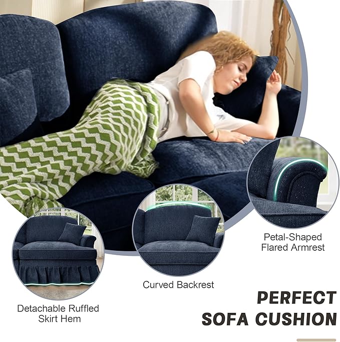 KEIKI Mid Century Modular Sofa with Flared Arms and Skirted Design, 107” Oversized 3-Seater with 2 Ottomans Luxury Chenille U-Shaped Sectional Couches for Living Room, Chaise Lounge Indoor, Blue