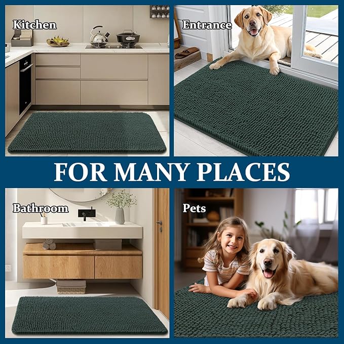 OLANLY Dog Door Mat for Muddy Paws 47x24, Absorbs Moisture and Dirt, Absorbent Non-Slip Washable Doormat, Quick Dry Chenille Mud Mat, Entry Indoor Entryway Carpet for Inside Floor, Blackish Green - Image 8