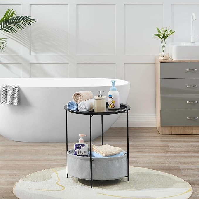 VECELO Round Side/End Table with Fabric Storage Basket，Metal Anti-Rust and Waterproof Small Bedside Nightstand with Removable Tray Top for Living Room，Balcony & Laundry，Black /1pcs with Basket - Image 6